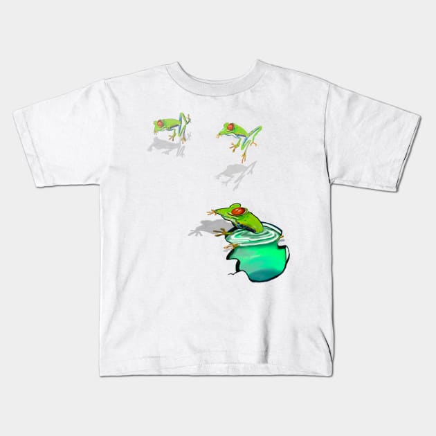 Green Red eyed tree frogs in 3d -  optical illusion rain forest science fiction gift Lizard dragon zoology Kids T-Shirt by Artonmytee